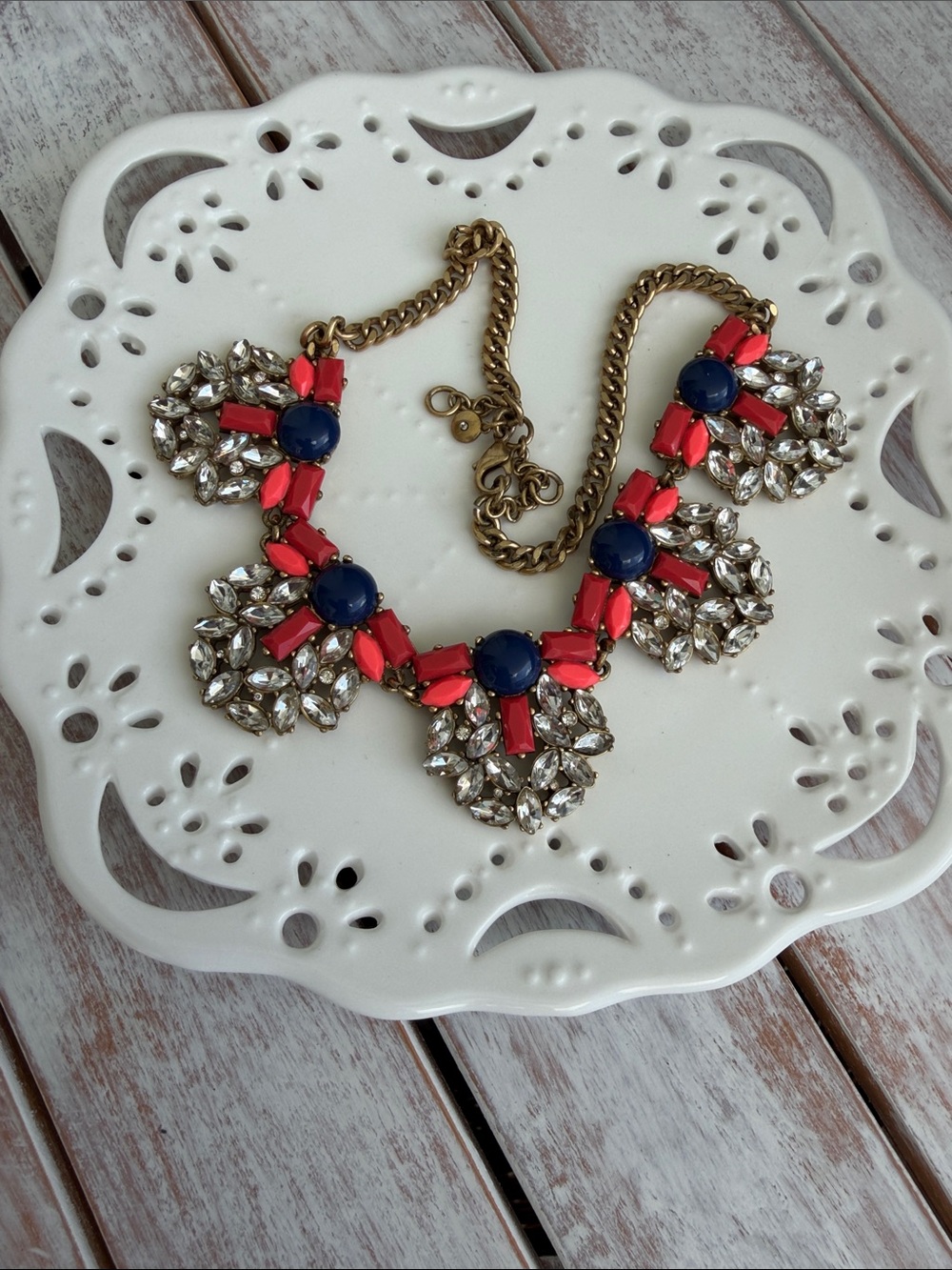 J. Crew Navy and Coral Jeweled Necklace